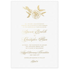 Load image into Gallery viewer, a white paper invitation with gold rose at top with both gold script and block fonts