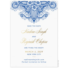 Load image into Gallery viewer, Flower, leaves and scroll henna pattern at the top of the page in blue. Block blue and script gold copy centered on the white card.
