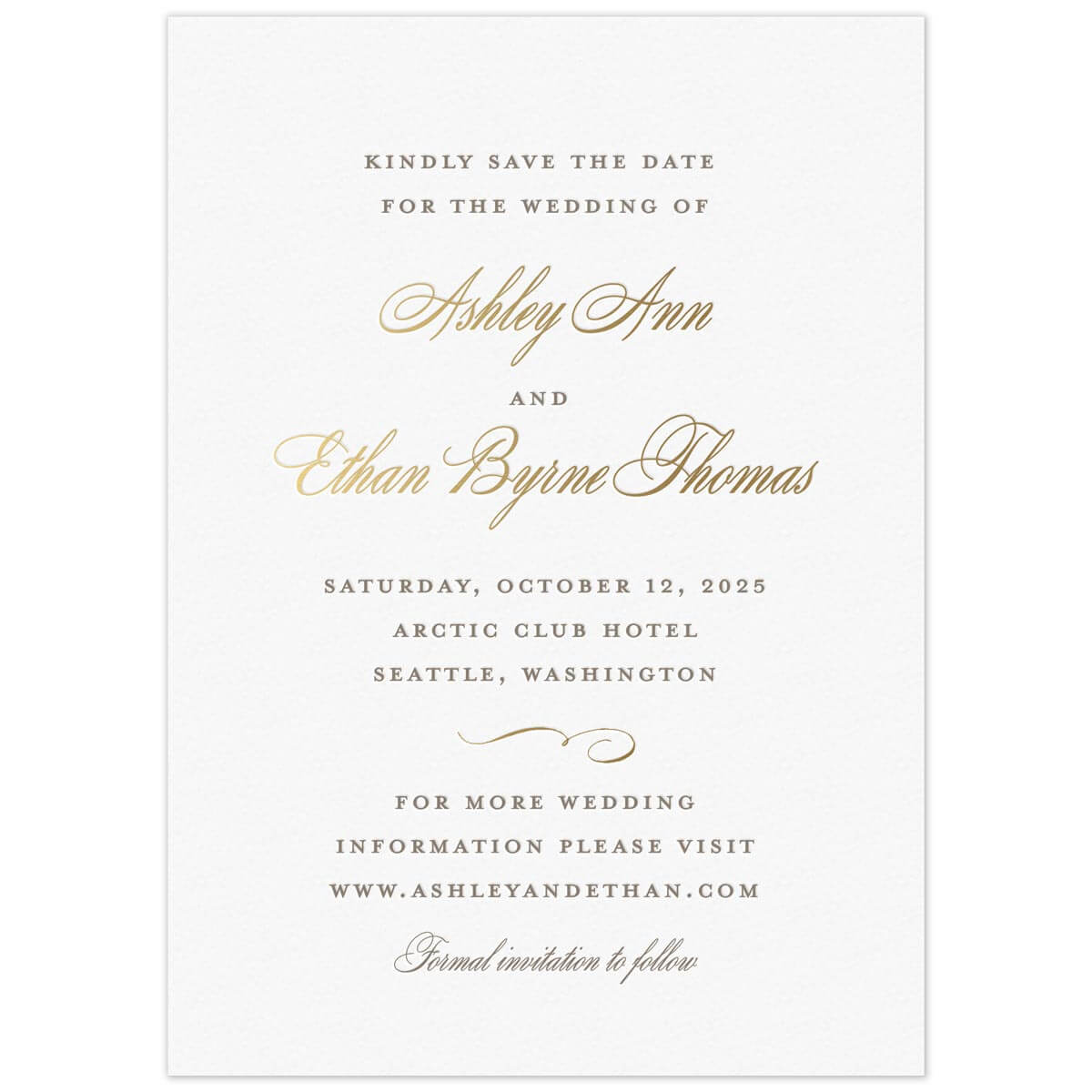 White paper save the date with pewter letterpress in block type with gold foil script and a flourish 