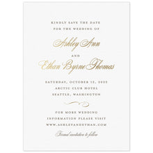 Load image into Gallery viewer, White paper save the date with pewter letterpress in block type with gold foil script and a flourish
