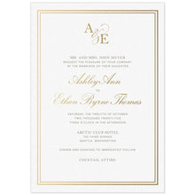 Load image into Gallery viewer, a white paper invitation with gold borders and gold initials at the top and gold script and black block fonts