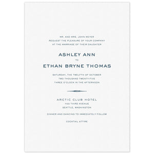Simple white card with navy block copy centered with a line flourish.