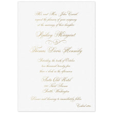 Load image into Gallery viewer, White invitation with gold script copy, centered on the page.