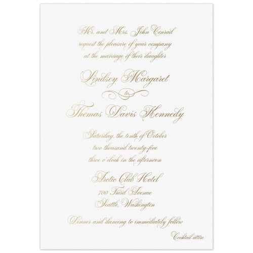 White invitation with gold script copy, centered on the page.