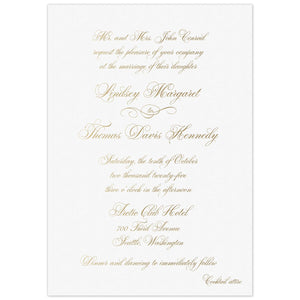 White invitation with gold script copy, centered on the page.