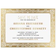 Load image into Gallery viewer, Ornate deco border design in gold foil. Deco font and block fonts in gold and black centered on the page.
