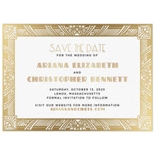 Load image into Gallery viewer, Ornate deco border design in gold foil. Deco font and block fonts in gold and black centered on the page.