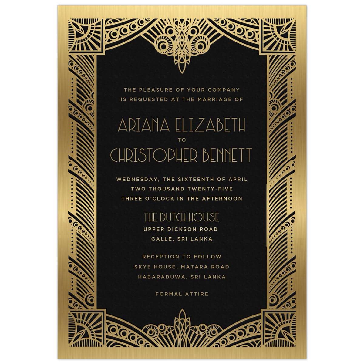Black invitation with ornate gold deco border design. Block and deco font centered on the invitation in gold foil.