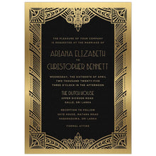 Load image into Gallery viewer, Black invitation with ornate gold deco border design. Block and deco font centered on the invitation in gold foil.