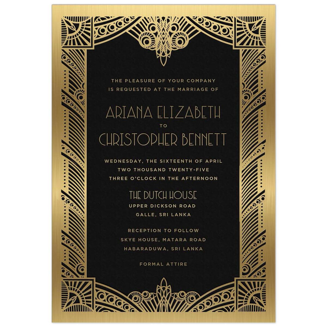 Black invitation with ornate gold deco border design. Block and deco font centered on the invitation in gold foil.