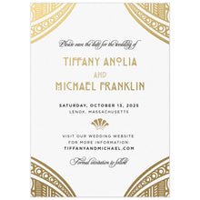 Load image into Gallery viewer, White save the date with ornate gold deco corner design. Block and deco font centered on the save the date in gold foil and black letterpress.