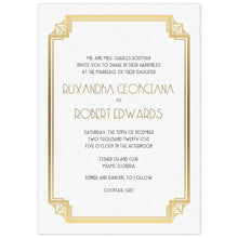 Load image into Gallery viewer, White invitation with gold deco border design, black deco font and gold deco font