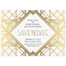 Load image into Gallery viewer, Save the date with lots of geometric lines, making a a deco pattern. Deco font centered in the middle of the save the date.