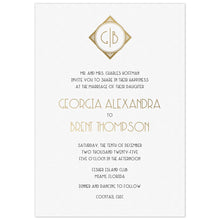Load image into Gallery viewer, a white paper invitation featuring a gold monogram at the top and an art deco style gold and black font