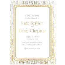 Load image into Gallery viewer, Lines dripped all over the card from top to bottom in gold and silver foil. Deco lined box border holding the save the date copy. Block and deco font in gold and silver centered on the card.