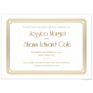 White save the date with deco line border in gold foil. San serif font and deco font centered on the card in gold foil.