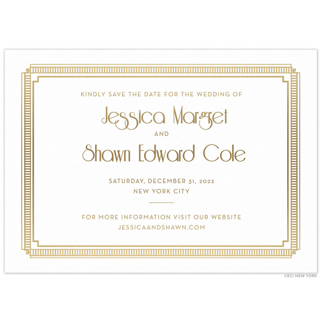 White save the date with deco line border in gold foil. San serif font and deco font centered on the card in gold foil.