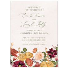 Load image into Gallery viewer, Watercolor ivory background, forrest green script and block font centered on the card. Watercolor florals in autumnal tones at the bottom of the card.