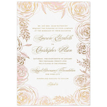 Load image into Gallery viewer, White paper invitation with block and script font in gold foil, a border of pink garden roses with touched of gold foil on top