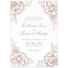 Load image into Gallery viewer, White save the date with corners adorned with flowers and leaves. Block and script font centered on the card.