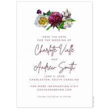Load image into Gallery viewer, Purple, white and cream watercolor bouquet on the top middle of the card. Block and casual script in purple centered on the page.