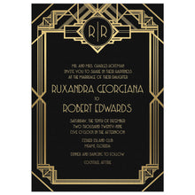 Load image into Gallery viewer, Wedding invitation on black paper with a gold foil deco design, monogram at the top off the invitation and deco font