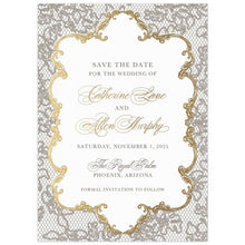Load image into Gallery viewer, Lace pattern on the whole card, gold frame holding the block and script text. 