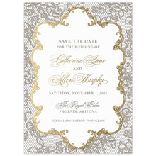 Load image into Gallery viewer, Lace pattern on the whole card, gold frame holding the block and script text.