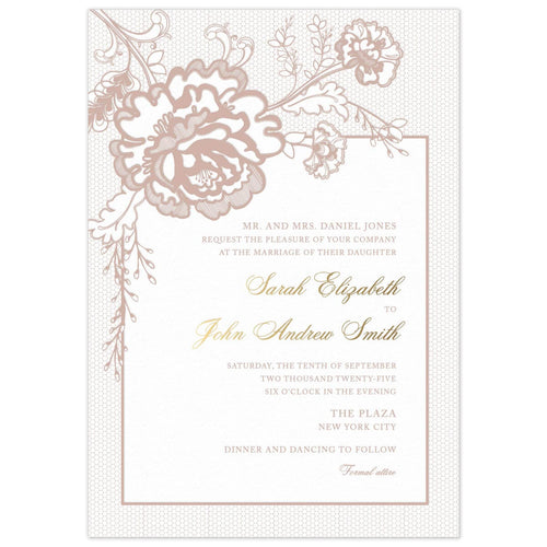Lace detail on the background of the card with a large lace flower on the top left corner. A white box holding right aligned block and script copy.