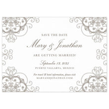 Load image into Gallery viewer, White horizontal save the date with circle and scroll pattern in pewter in all the corners of the card. Block and script font in pewter centered on the page.