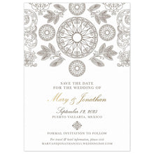 Load image into Gallery viewer, Mexican pattern of circles, leaves and scrolls at the top of the save the date. Block and script text centered on the card.