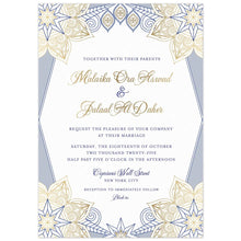Load image into Gallery viewer, a white paper middle eastern invitation with blue and gold star designs on the corners and gold script with blue block font