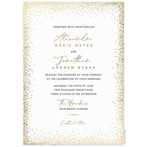 a white paper invitation with modern gold dotted borders and gold and black script and block font