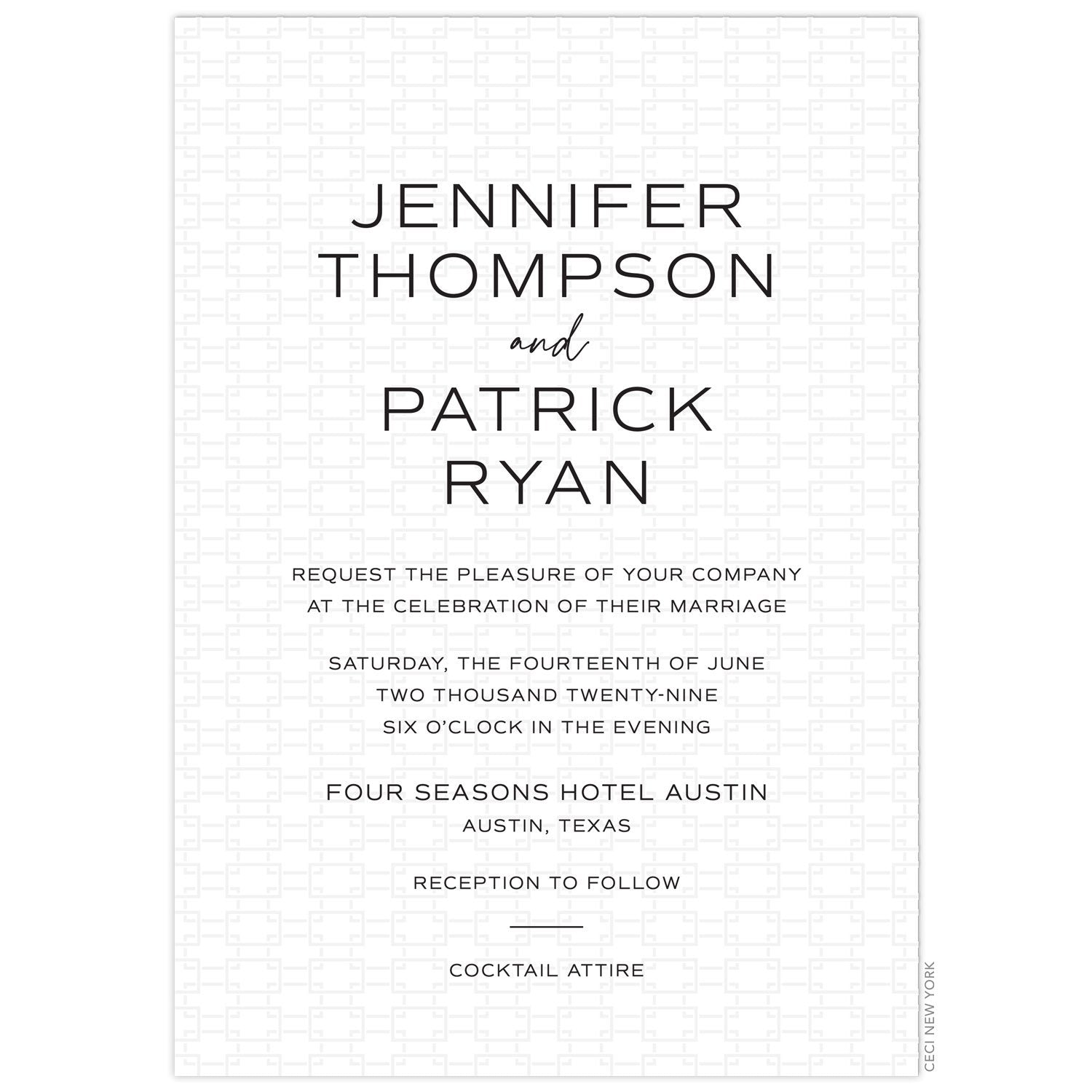 a white paper invitation with light gold modern interlocking geometric background design and block lettering