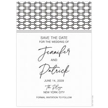 Load image into Gallery viewer, White save the date with black linked pattern on the top of the card. Black script and block font centered on the card.