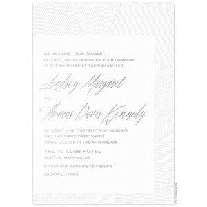 white paper invitation with silver geometric lines on top right and bottom and silver script and block font