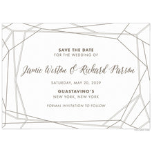 Load image into Gallery viewer, White save the date with diagonal black lines on the border. Block and script fonts centered in black.
