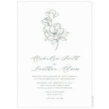Load image into Gallery viewer, White invitation with simple flowers at the top of the invitation in sage green. Script and block font text centered underneath.