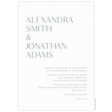 Load image into Gallery viewer, a modern white paper invitation with gray large names at top half and gray block font at the bottom