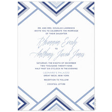 Load image into Gallery viewer, White paper with light blue and dark blue design, multiple triangles on the top and bottom of invitation card. Block and script font.