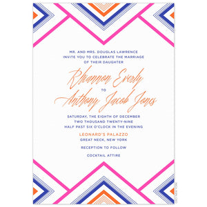 White paper with orange, pink and cobalt blue designs with multiple triangles on the top and bottom of invitation card. Block and script font.