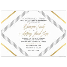 Load image into Gallery viewer, Horizontal invitation with diagonal lines in black and gold on all four corners. Block and script font in black and gold.  
