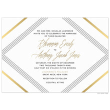 Load image into Gallery viewer, Horizontal invitation with diagonal lines in black and gold on all four corners. Block and script font in black and gold.