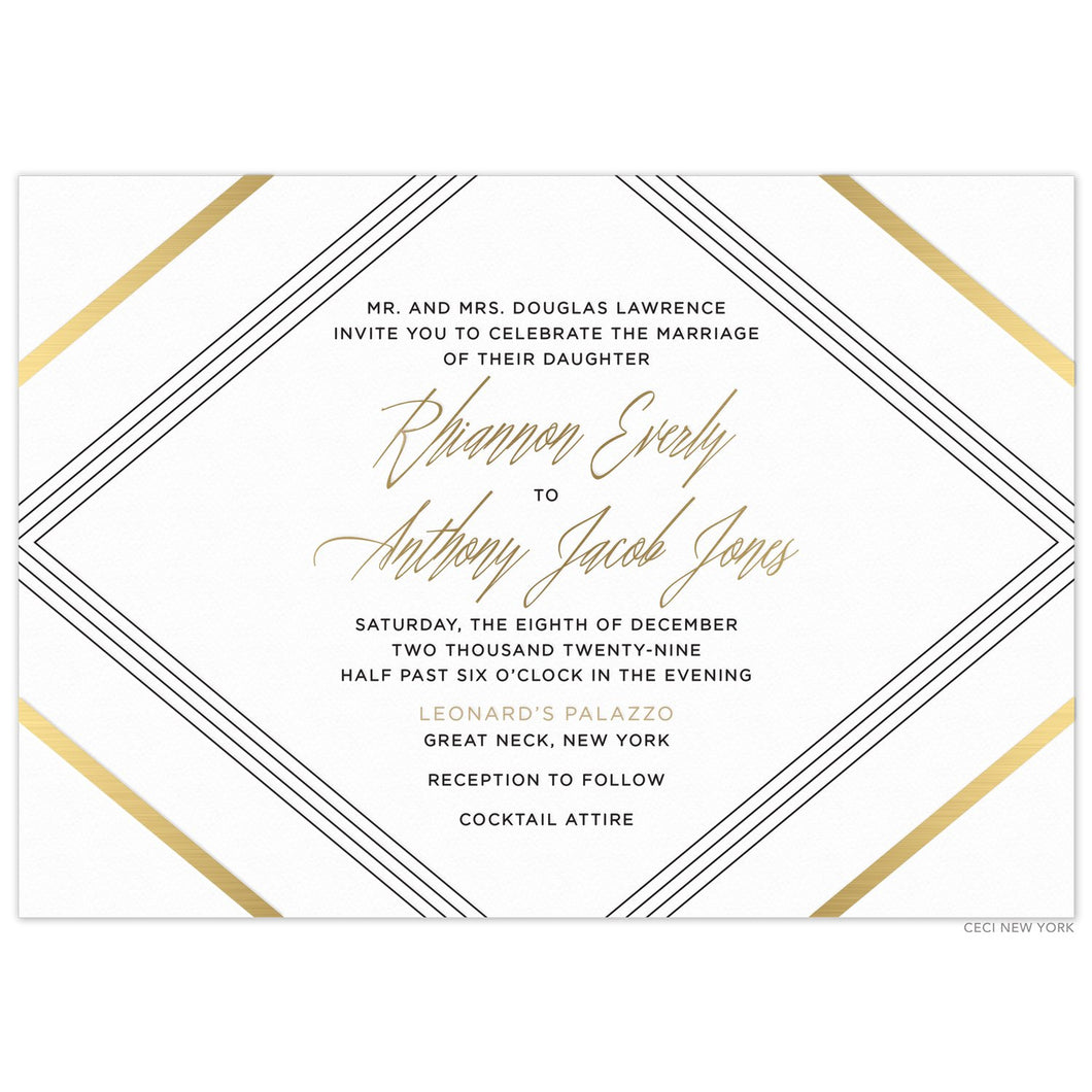 Horizontal invitation with diagonal lines in black and gold on all four corners. Block and script font in black and gold.  