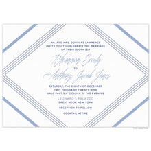 Load image into Gallery viewer, Horizontal invitation with diagonal lines in dark blue and light blue on all four corners. Block and script font in dark blue and light blue.