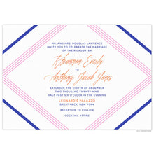 Load image into Gallery viewer, Horizontal invitation with diagonal lines in cobalt blue and pink on all four corners. Block and script font in cobalt blue and orange.