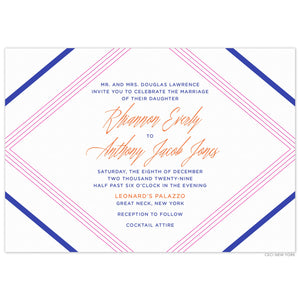 Horizontal invitation with diagonal lines in cobalt blue and pink on all four corners. Block and script font in cobalt blue and orange.  