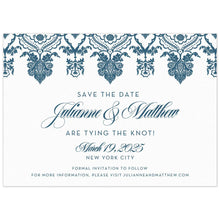 Load image into Gallery viewer, Ornate South Asian design hanging from the top of the card. Block and script font centered on the card in navy.