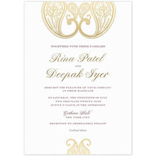Load image into Gallery viewer, a white paper invitation with south asian gold designs at the top and bottom and dark gold script names and maroon block font