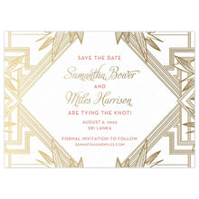 Load image into Gallery viewer, Multiple geometric lines and modern leaves on the side of the card in gold foil. The middle triangle holds block and script font in gold and orange.